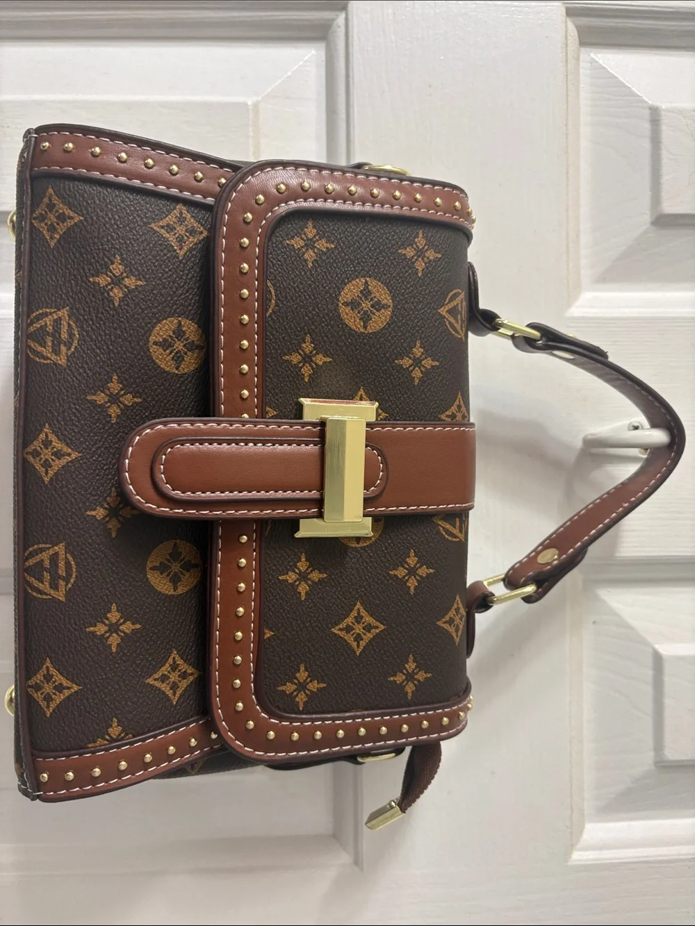 Brown Monogram-Style Top Handle Satchel with Gold Clasp